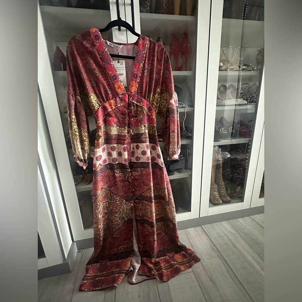 ZARA PATCHWORK PRINT BALLOON SLEEVES MIDI DRESS size XS Bohemian Maxi Dress - Picture 10 of 10